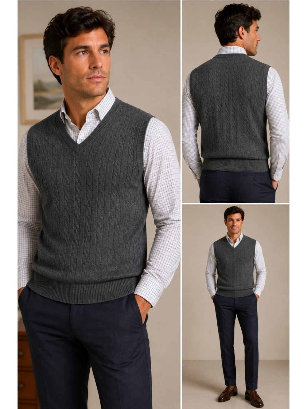 Hathaway Platinum Men’s L 100% Cashmere Cable Knit Sweater Vest Made Italy Gray